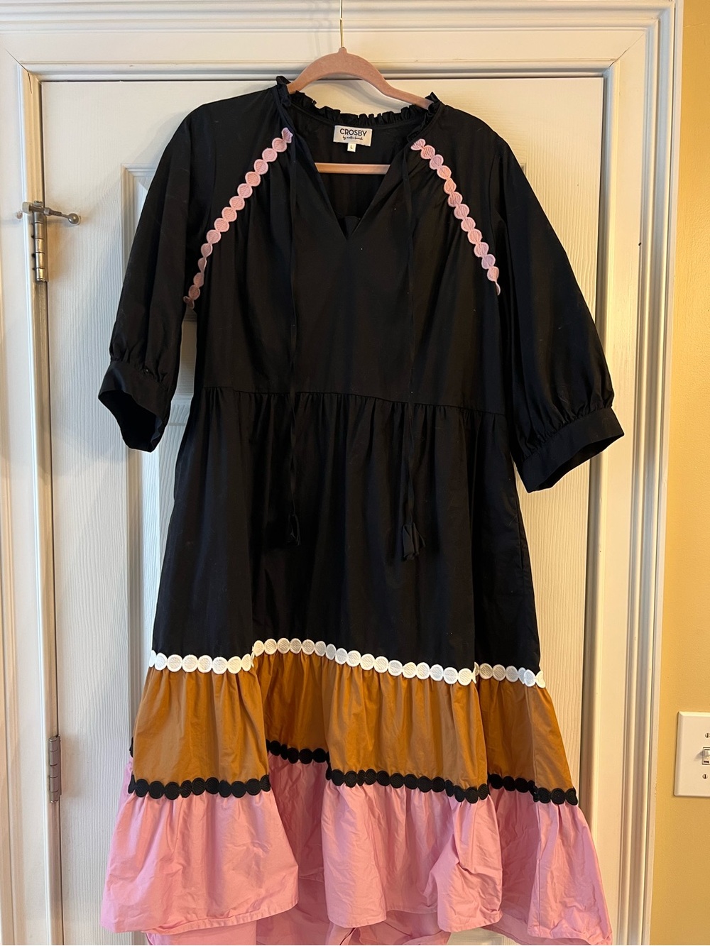 Crosby by Mollie Burch Black Cotton Dress with Pink and Camel Tiers, size L